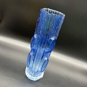Vintage Blue Vase Bamboo Textured Glass Tree Trunk Japan 10 Inch Flower Decor